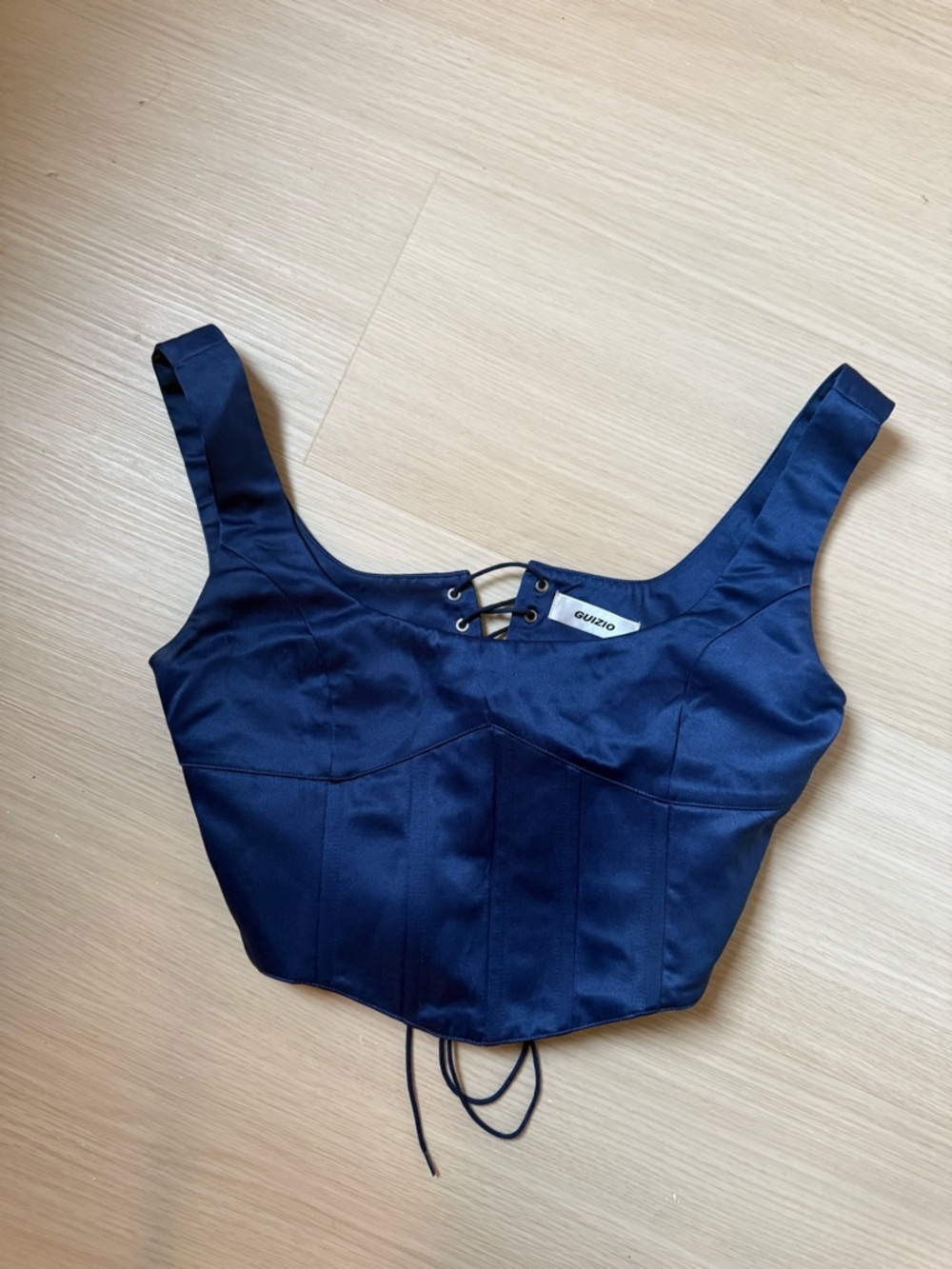 Danielle Guizio Navy Satin Corset-Style Crop Top